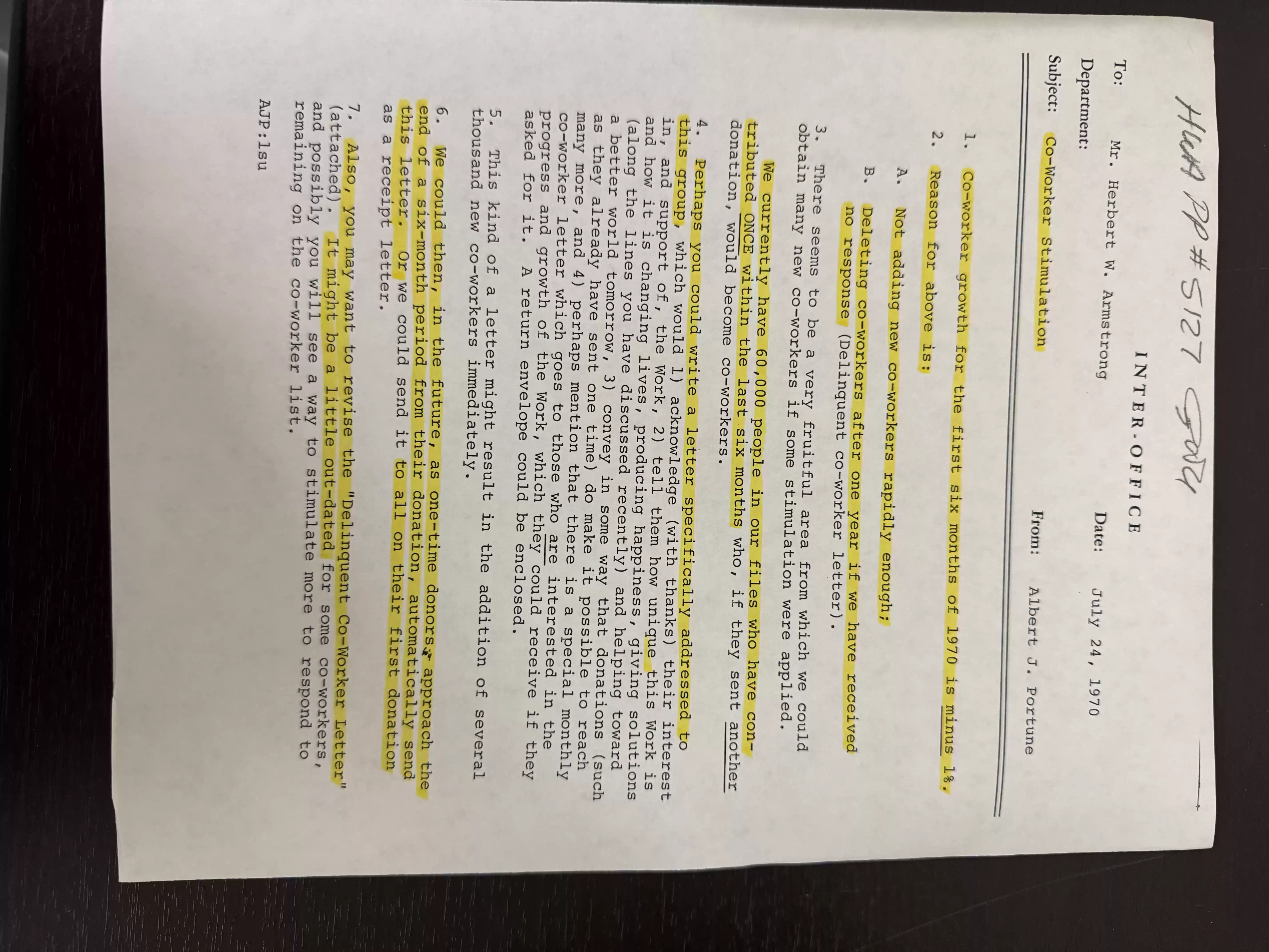 A Portune memo to HWA 24July1970